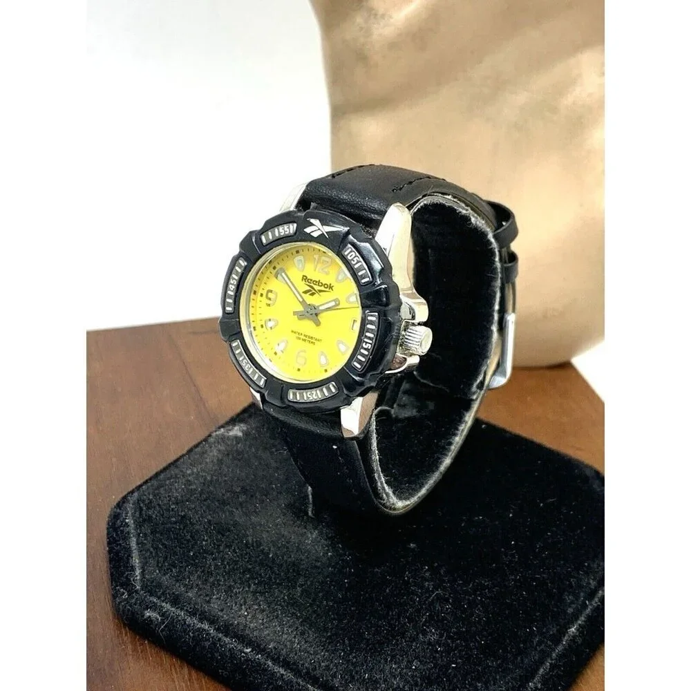 Reebok Women's Watch Quartz VX12 Diver Yellow Dial Black Leather Strap 29mm